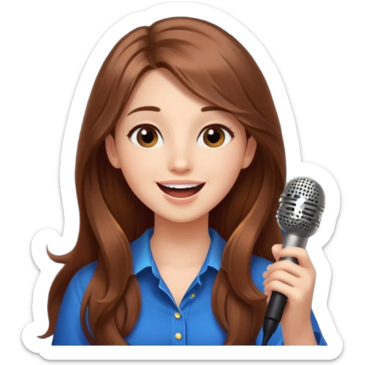 Beautiful Girl with long brown hair singing karaoke funny light blue aesthetic background with lights sticker