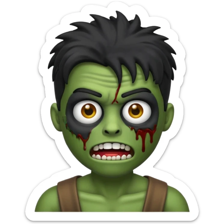 Quero um emoji de zumbi masculino, com cabelo preto, estilo desenho 3D como emoji, na mesma pose com as mãos levantadas para frente, expressão de zumbi com boca aberta e olhos meio caídos, pele verde acinzentada e roupa rasgada sticker