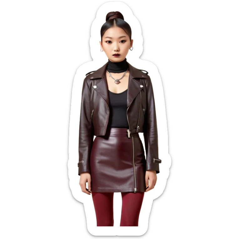 Apple emoji style. Full-body East Asian woman with a single sleek bun below the ears. Oversized hip-length black leather jacket, black turtleneck, silver Vivienne Westwood orb necklace. Low-waist A-line burgundy leather skirt, burgundy tights, red long boots. sticker