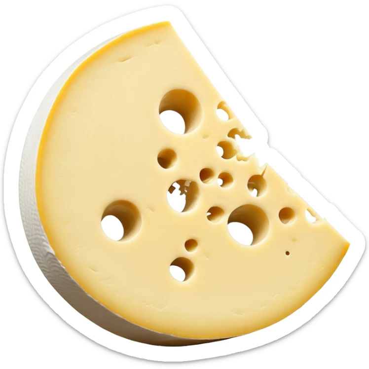 small wheel of Coulommiers cheese with white bloomy rind with velvety wrinkles, creamy pale yellow interior, wedge cut revealing slightly gooey edge, soft lighting, subtle shadows, transparent background, emoji scale sticker