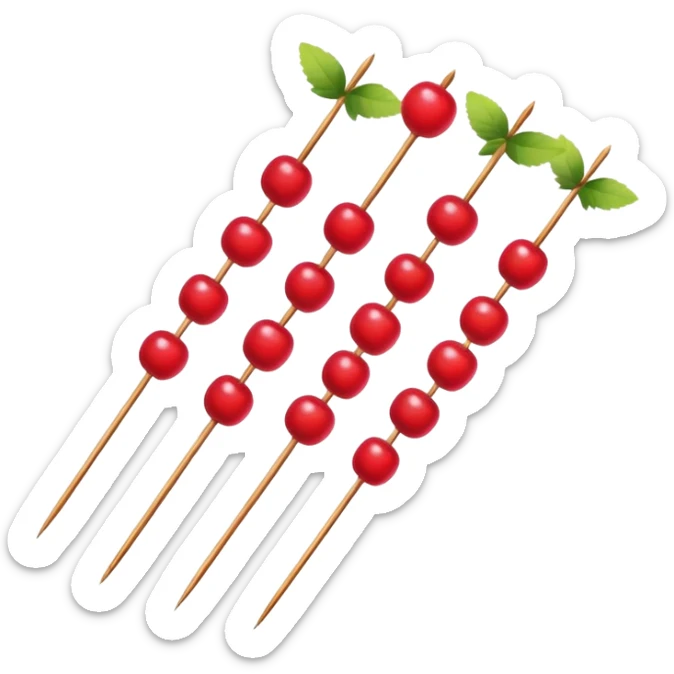 Northeast China candied hawthorn sticks tanghulu bright red fruits on skewer, simplified emoji style with bold outlines and bright colors, cartoon style sugar-coated berries sticker