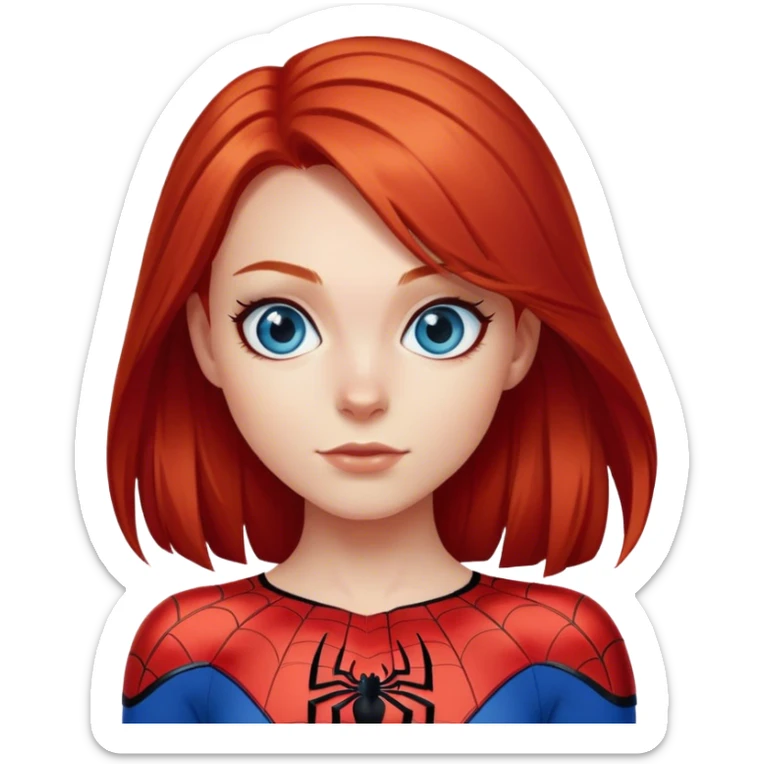 A girl with straight red hair and blue eyes in a spider-man costume sticker