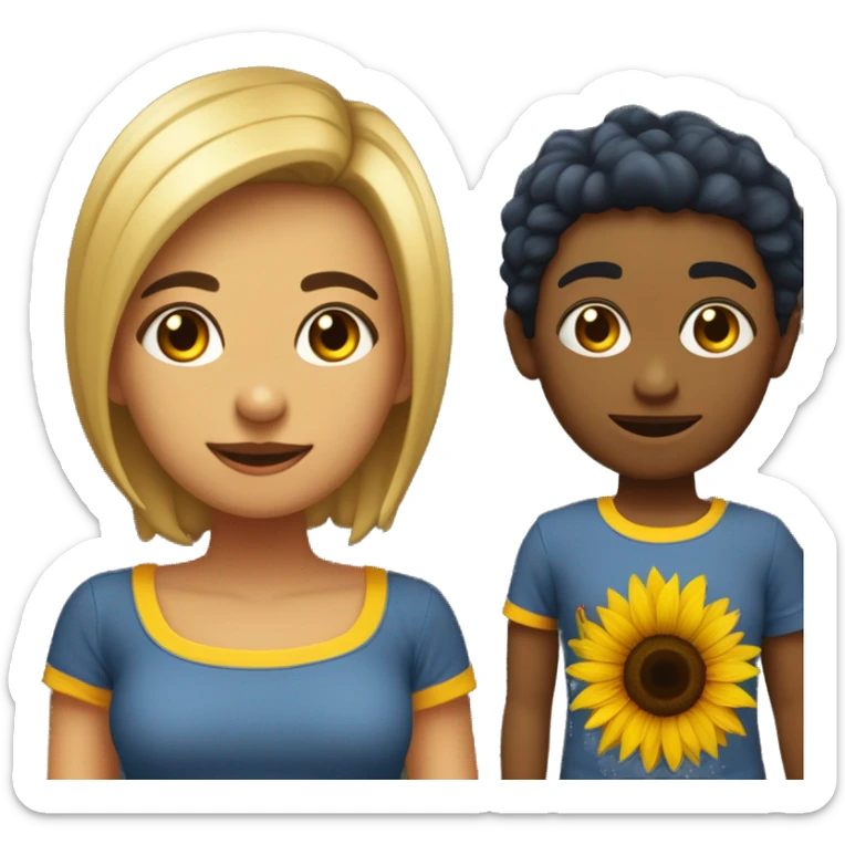 Chica e pelo castaño corto, de ojos marrones con piel poco morena y camiseta azul oscura de girasoles  sticker