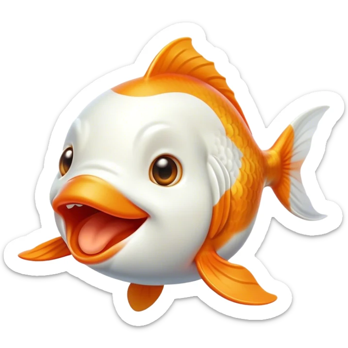 Cinematic Cute Yawning Orange and White Goldfish Portrait Emoji, Head tilted slightly with a dramatic, wide-open yawn, showcasing a smooth body with a balanced blend of orange and white, graceful fins slightly drooping, round golden eyes barely open in drowsy contentment, Simplified yet irresistibly adorable features, highly detailed, glowing with a soft, cozy glow, high shine, relaxed yet expressive, stylized with a touch of whimsy, bright and endearing, soft glowing outline, capturing the essence of a sleepy yet affectionate goldfish, so drowsy it feels like it could float out of the screen and curl up for a nap! sticker