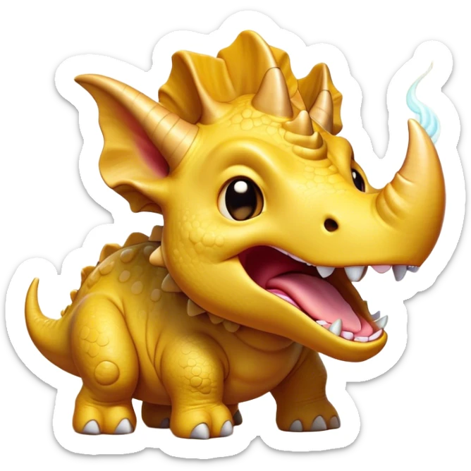 Cinematic Cute Yawning Triceratops Portrait Emoji, Head tilted slightly with a dramatic, wide-open yawn, showcasing a robust, horned body with a frilled head and sleepy, half-closed eyes, Simplified yet irresistibly cute features, highly detailed, glowing with a soft, cozy prehistoric glow, high shine, relaxed yet expressive, stylized with a dash of whimsical ancient charm, soft glowing outline, capturing the essence of a drowsy yet affectionate Triceratops that appears ready to stretch and yawn its way out of the screen! sticker