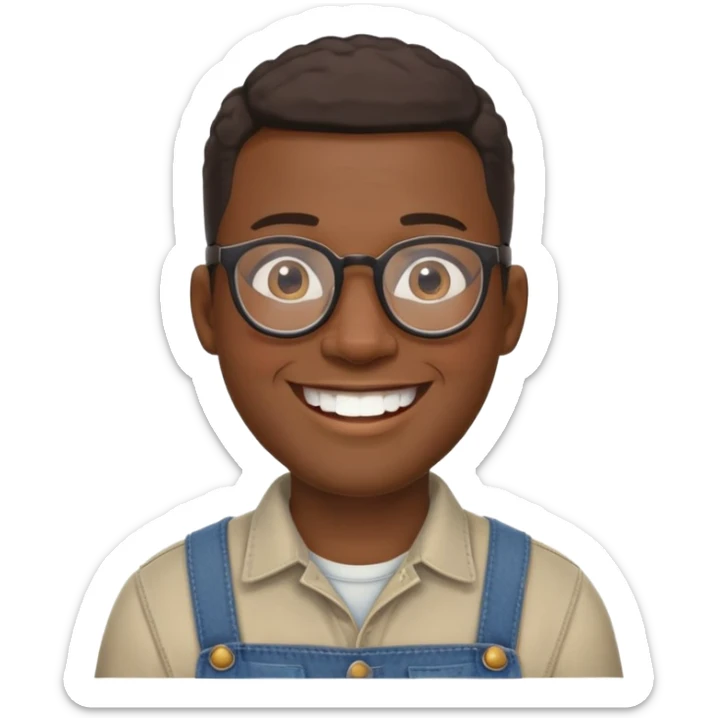 smiling black man with glasses, big teeth, standard male haircut, rural farmer, oval face sticker