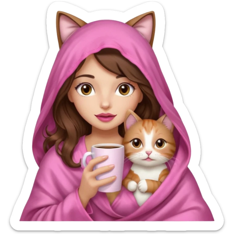 girl with long wavy brown hair, brown eyes, long lashes makeup, sexy pink lips, light to medium complexion, wearing a pink sexy silk top, big blanket over the head cozy holding a cat,  drinking coffee sticker