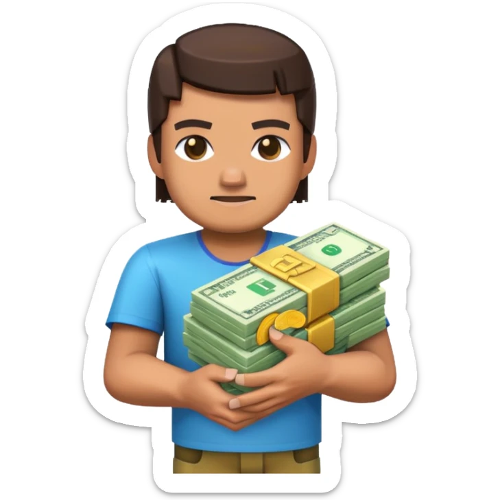 emoji style icon, minecraft blocky character holding a stack of money, pixel art style, bright colors, simple background, 3D glossy emoji, centered composition, soft shadow, high detail, clean outline, white background sticker