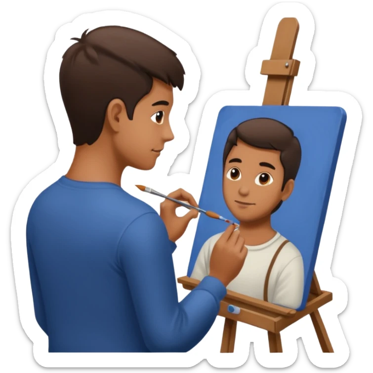 the artist stands with his back to the painting, painting a portrait sticker
