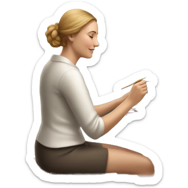a white woman sitting in a wooden chair. she's painting a beautiful, scenic image on a canvas that's sitting on a wooden easel sticker