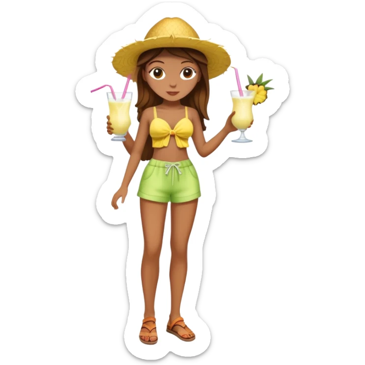 Full body of a very tan skinned girl with brown hair wearing a summer outfit sipping a piña colada sticker