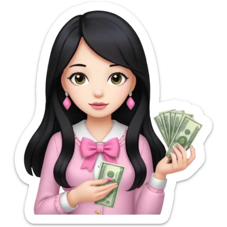 Menina de cabelo preto longo , laços rosas , dinheiro , luxo sticker