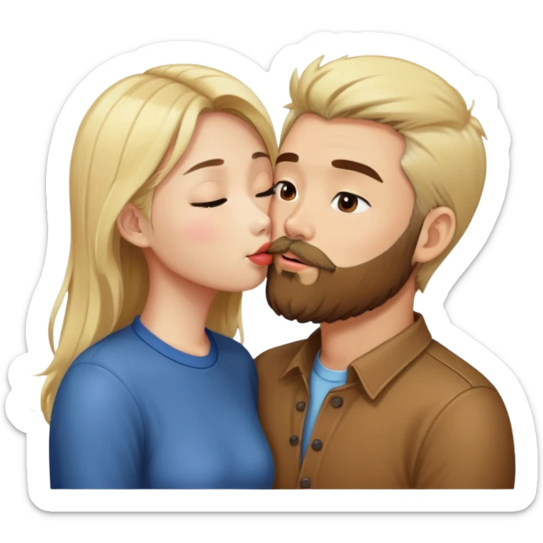 Asian girl kissing blonde mandnwith brown beard sticker