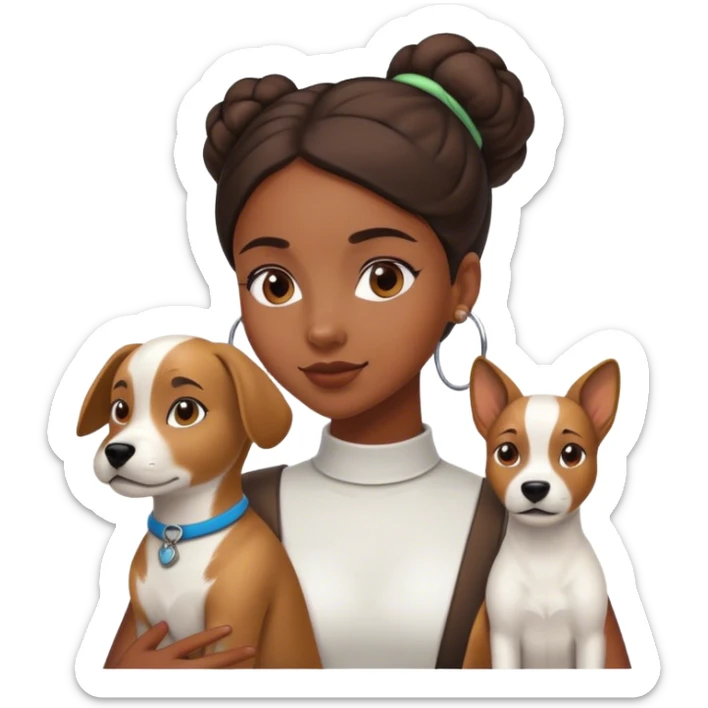 smart, 30 year old, brown African girl, back bun hairstyle, with one big white brown dog sticker