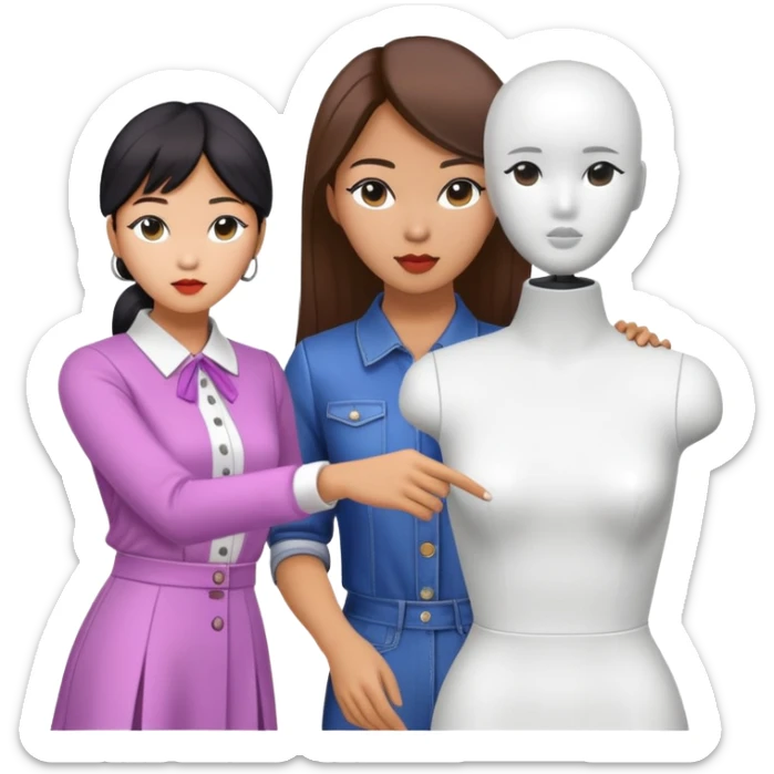 asian female clothing designer, designing kpop clothing on a headless mannequin sticker