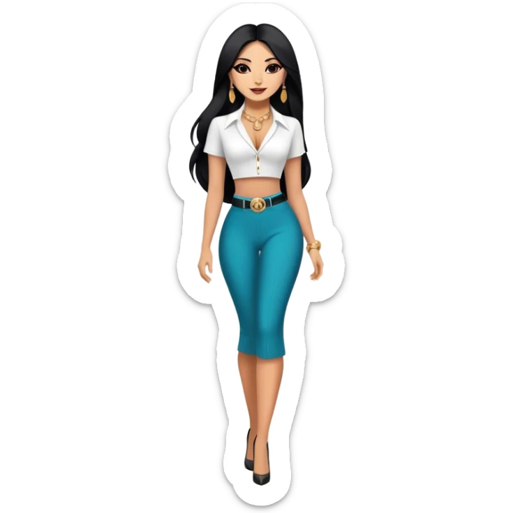 beautiful woman boss, with long straight black hair, with make up, black eye liner, smile, mexican, brown skin, wearing beautiful sexy outfit and white earings, she stand up, full body sticker