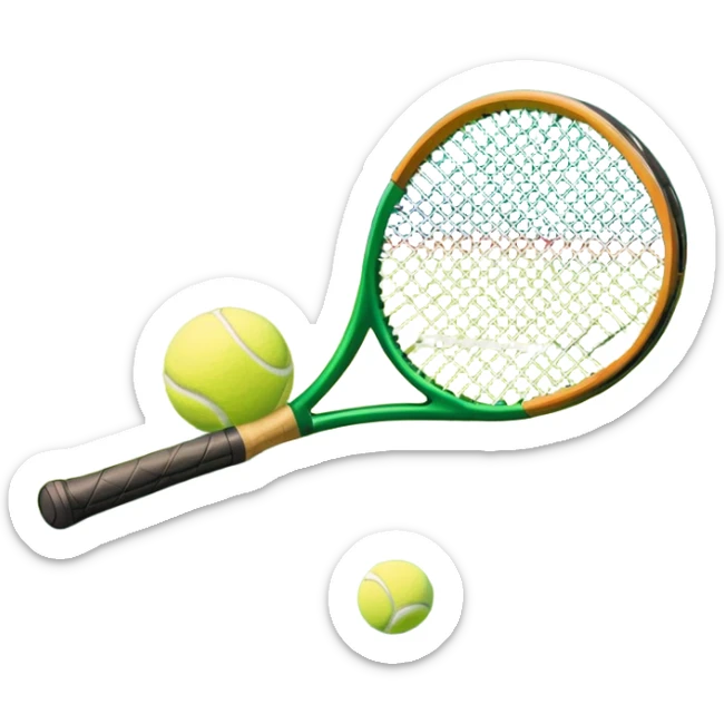 A tennis racket and a ball placed on a grassy court, with the net visible in the background. The scene captures the elegance and energy of the sport, with a vibrant green court and soft sunlight highlighting the equipment. sticker