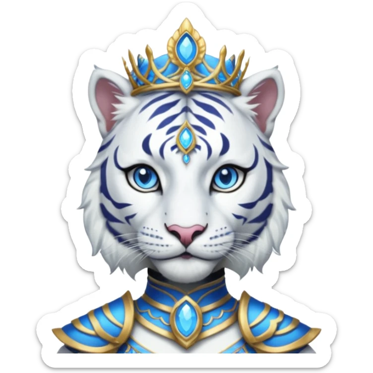 ESO Female white tiger khajiit leader of the umbral rose, blue eyes, blue 'third eye' gem, tiara for leadership ruling sticker