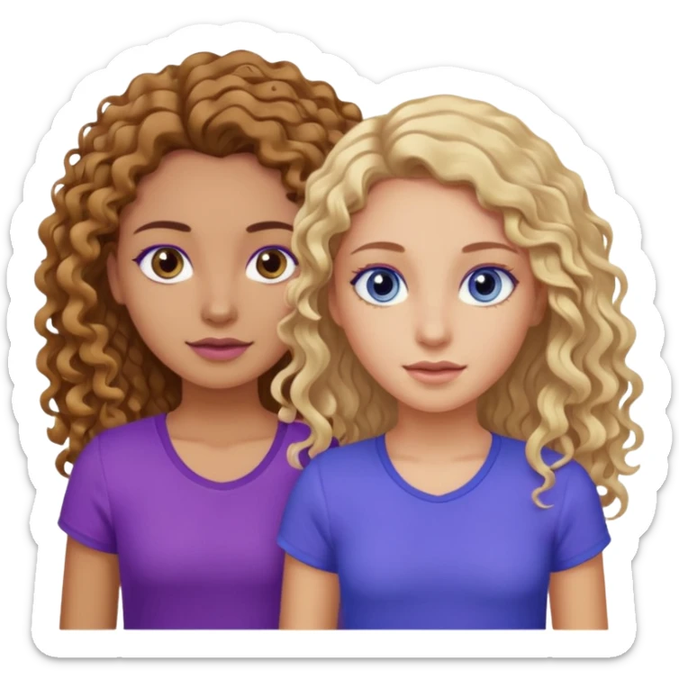 Twin sisters, one has brown eyes, long curly brown hair, the other one has blue eyes and straight blond hair purple top sticker
