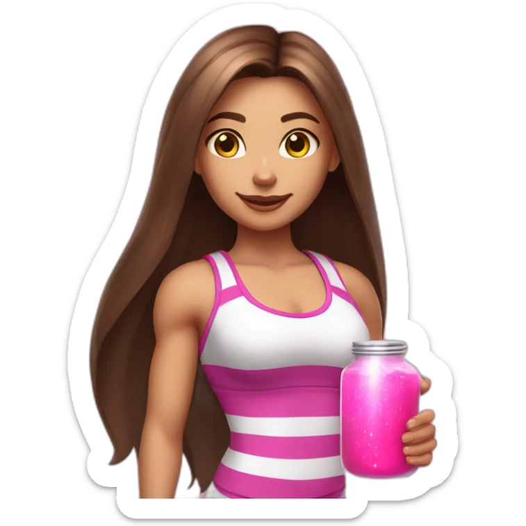 fitness girl with straight long brown hair, wearing silver bracelets and a white stripes tops and holding a pink magic potion sticker