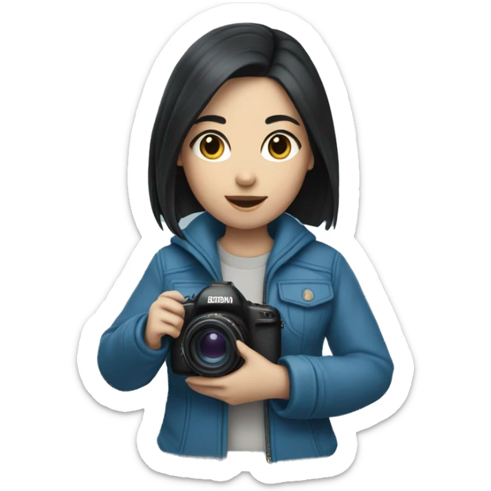 a girl with black hair, in a blue jacket, holding a camera in her hands, White skin sticker