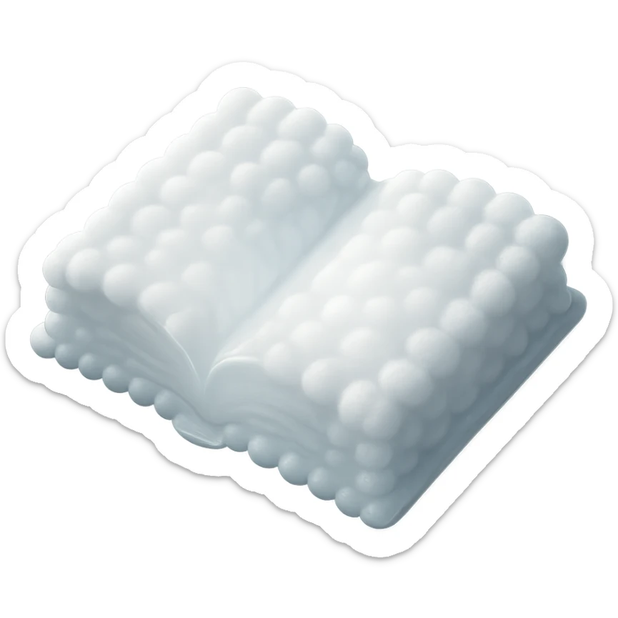 top view of a thick open book made entirely of small, very bright white fluffy convex clouds, matte glass style sticker