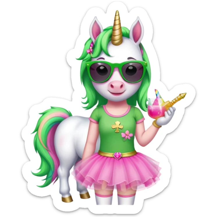 friendly anthropomorphised female unicorn with horse-like face, in tutu and pink t-shirt, wearing dark sunglasses, holding a shamrock or wearing a green accessory for St. Patrick's Day sticker