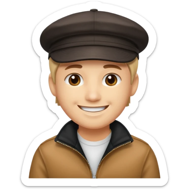 Créame a un chico blanco con gorra negra con el pelo castaño y qué tenga una chaqueta blanca más animado sticker