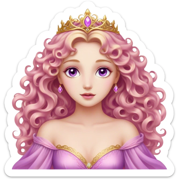 Cinematic Stunning Aurora Portrait Emoji, Ethereal in her flowing pink gown, golden curls shimmering, soft violet eyes filled with serenity, an enchanting glow surrounding her, capturing the beauty of a princess lost in a dream! sticker