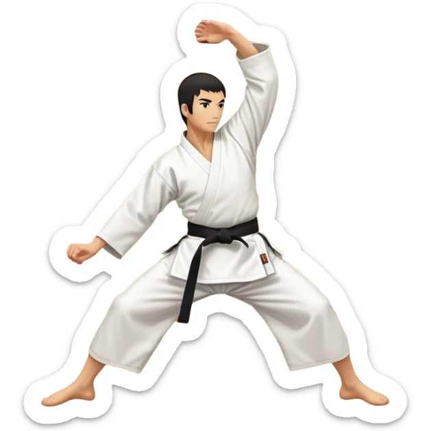 An icon showcasing a martial artist in a dynamic aikido move, performing a graceful throw or joint lock. The background includes a traditional dojo with wooden floors and simple decor. The artist wears a white gi with a black hakama, emphasizing the fluidity and precision of aikido. T sticker
