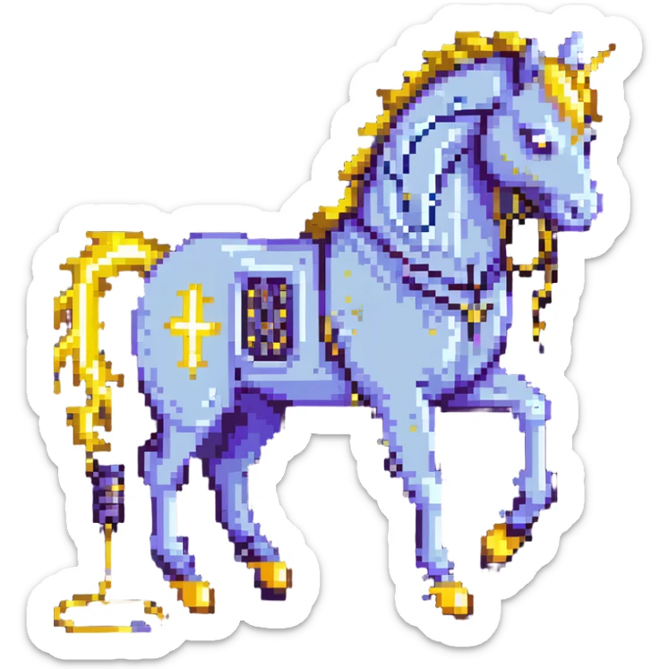 A yellow electric horse in pixel art style, made of electricity and lightning, with visible yellow wires, bolts shooting from its body as it runs. sticker
