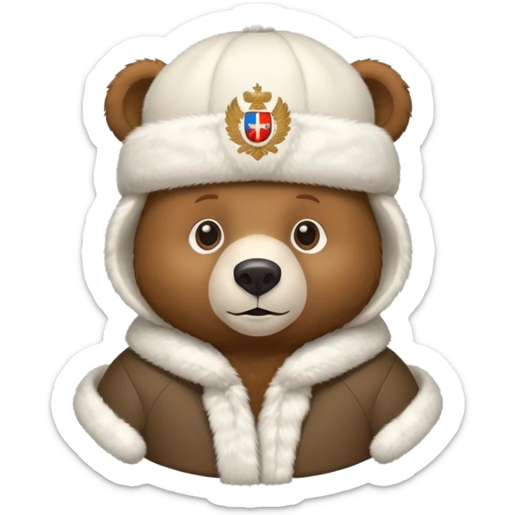 Cute brown bear in white fur ushanka hat with centered Russian coat of arms, front view, iOS emoji style sticker