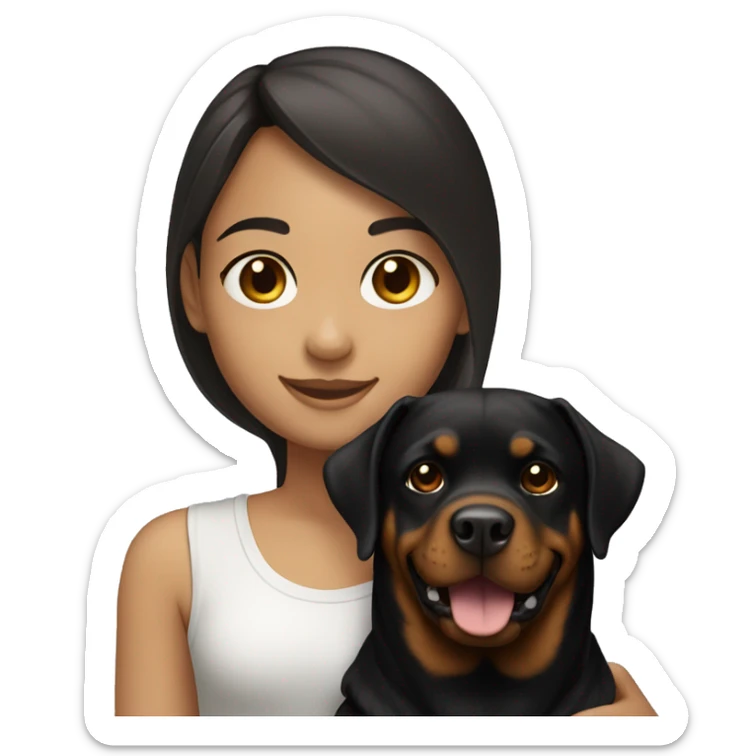 smiling light skinned girl with long straight dark brown hair holding a rottweiler sticker