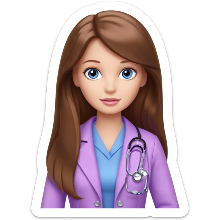 beautiful barbie girl with long brown hair, blue eyes and wearing light purple clothes watching doctor who sticker