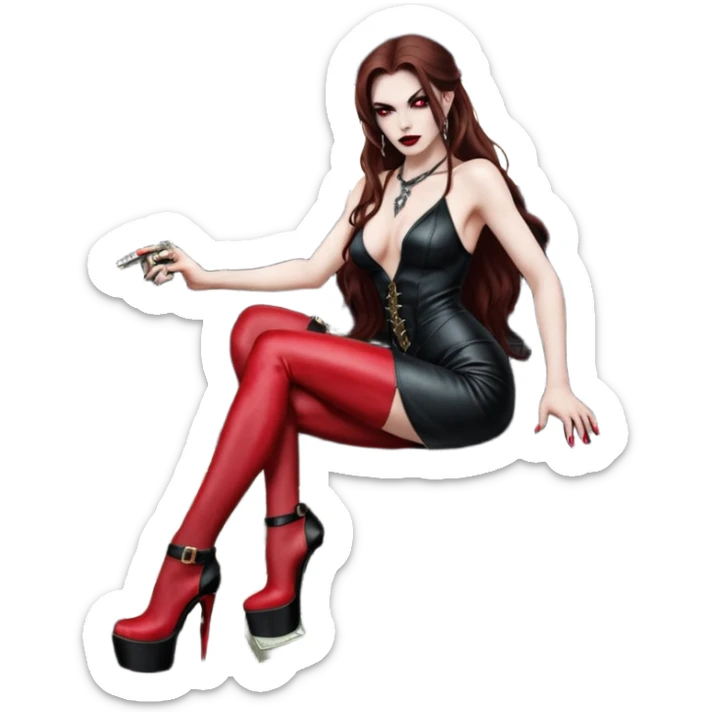 Lilith red eye seductress evil long brown haired sexy succubus woman with leather long seductive dress on, sitting in Big Large F350 pickup truck. Wearing super tall black platform high heels, Back seat full of stacks of cash, she is  Holding a human skull of her enemies and a gun in other hand sticker