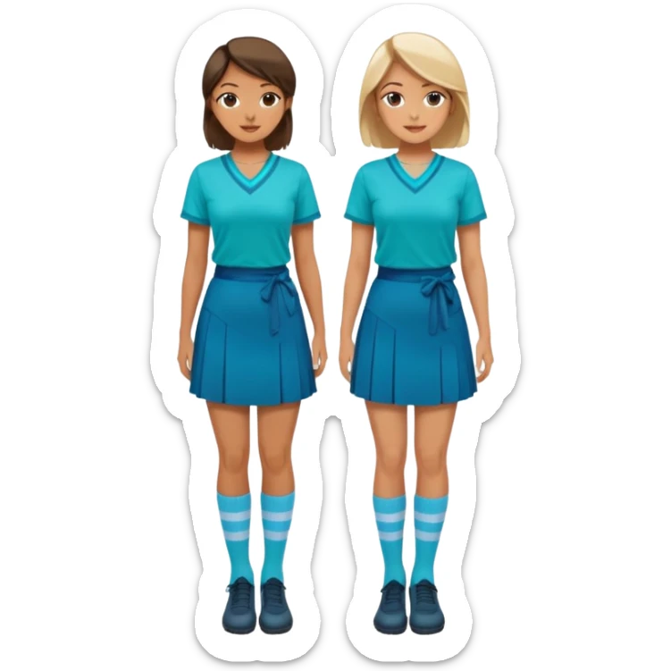 woman wearing teal wrap shirt, blue a-line skirt, light blue knee-high socks sticker