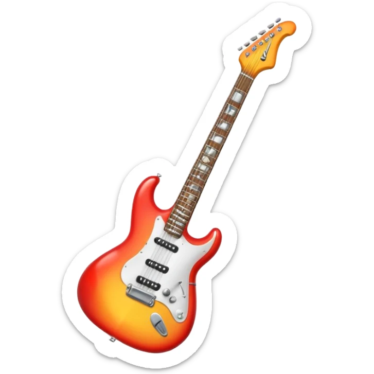 A 3D Apple-style emoji showing the word "ROCK" in bold metallic letters, with a small electric guitar leaning on the text, vibrant glowing effect, playful and energetic cartoon style, symbolizing rock music. sticker
