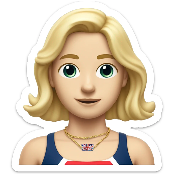 A girl with long blonde hair with wide shoulders wearing a Great Britain rowing swimming suit and has small muscles and add a necklace that has a sea shell pendant on it. She must have a  necklace around the neck and the pendant is on her chest sticker