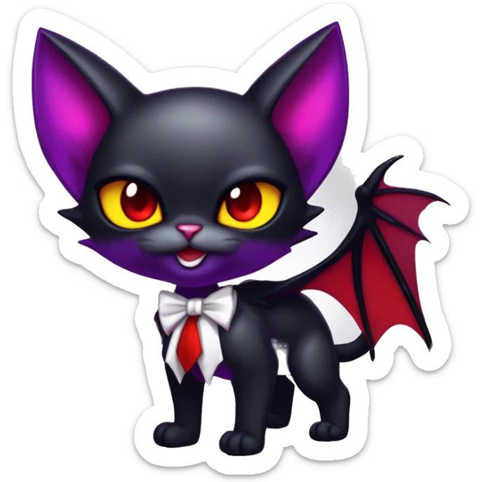 Cute-Evil-Vampiric-Batty-Cat-Black-Purple-Red-Yellow-Contrast-Colors-Fantasy-Fur-Sona-Chibi-Shiny-Fakémon-Hybrid with horns and big fangs neck bow white tie leg spats full body sticker