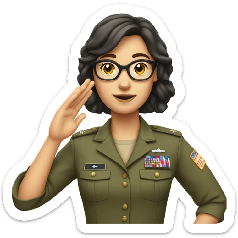 a caucasian brunette female with glasses making the military salute sticker