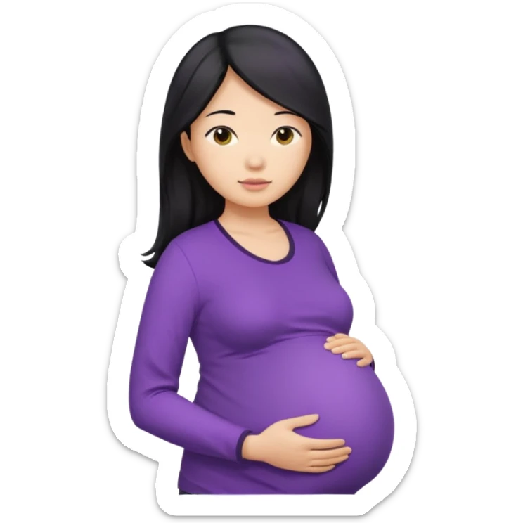 Asian, pregnant woman, purple shirt, long hair, head and eck and abdomen only sticker