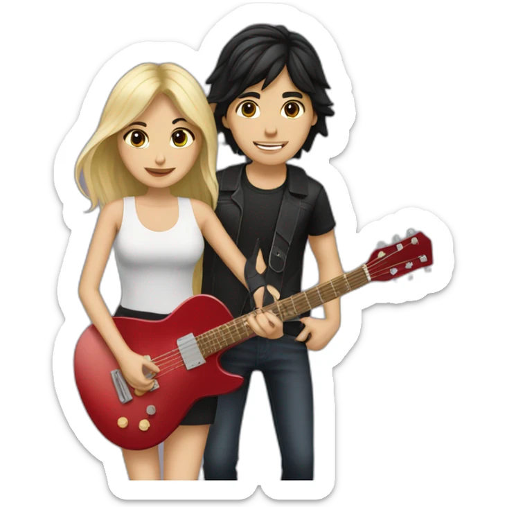 Singer girl with dark hair and blonde guitar player boy. Couple sticker