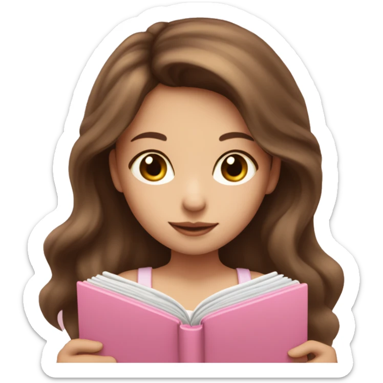 fair-skinned girl with long brown hair holding a baby-pink-colored book sticker