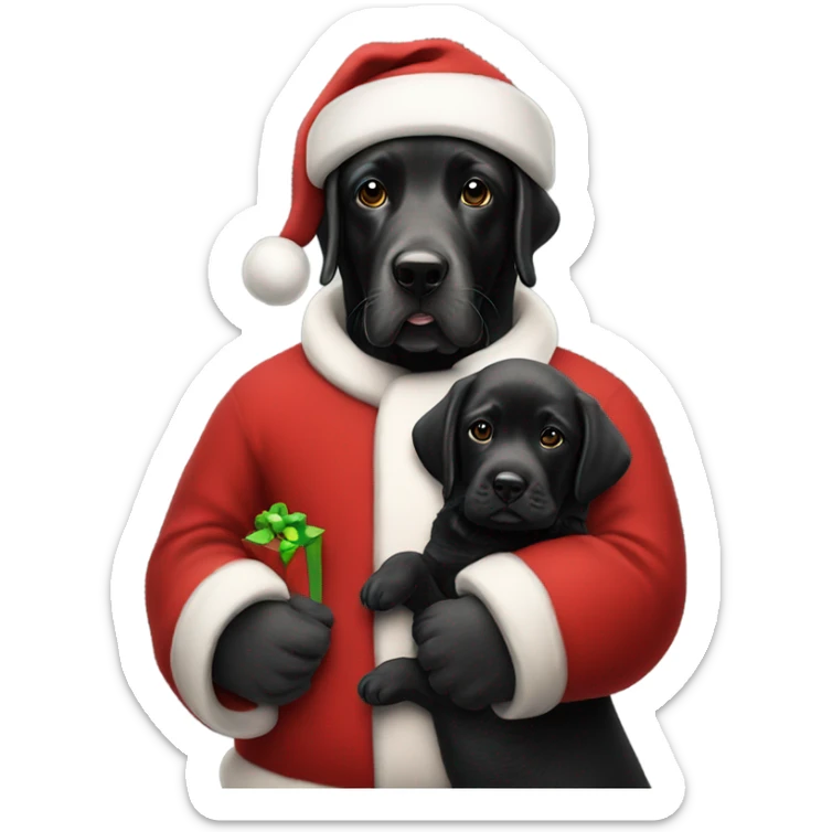 Santa Claus in a red Santa outfit holding a 14 week old black Labrador  sticker