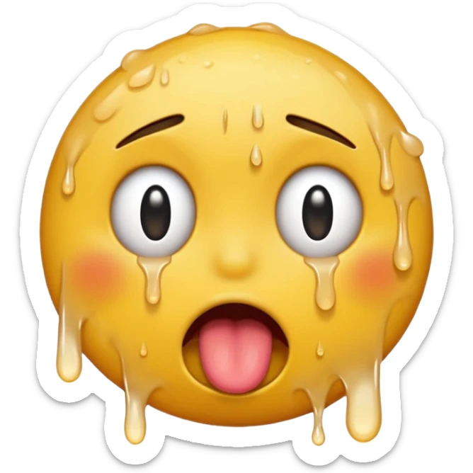 Generate a distressed and sweaty round emoji with white tears dripping off of its tongue sticker