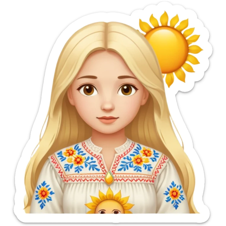 Ukrainian young girl with blonde hair wearing traditional vyshyvanka embroidered shirt holding a bright sun sticker