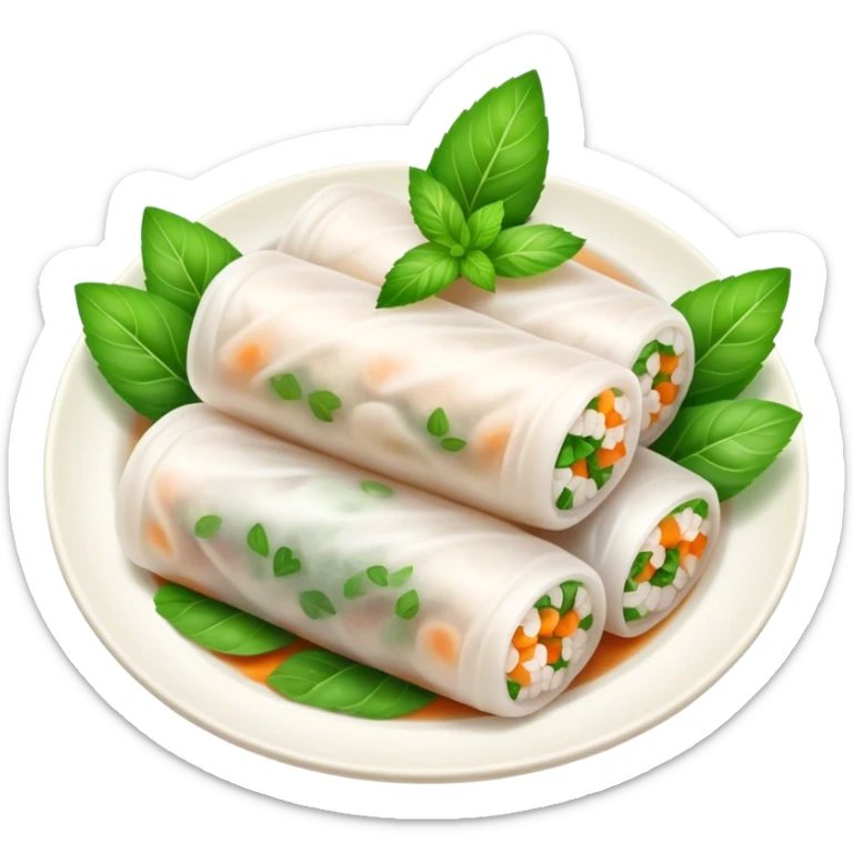 Bánh Cuốn Cinematic Realistic Bánh Cuốn Dish Emoji, depicted as delicate steamed rice rolls garnished with chopped mint on top, rendered with lifelike textures and fresh, vibrant lighting. sticker