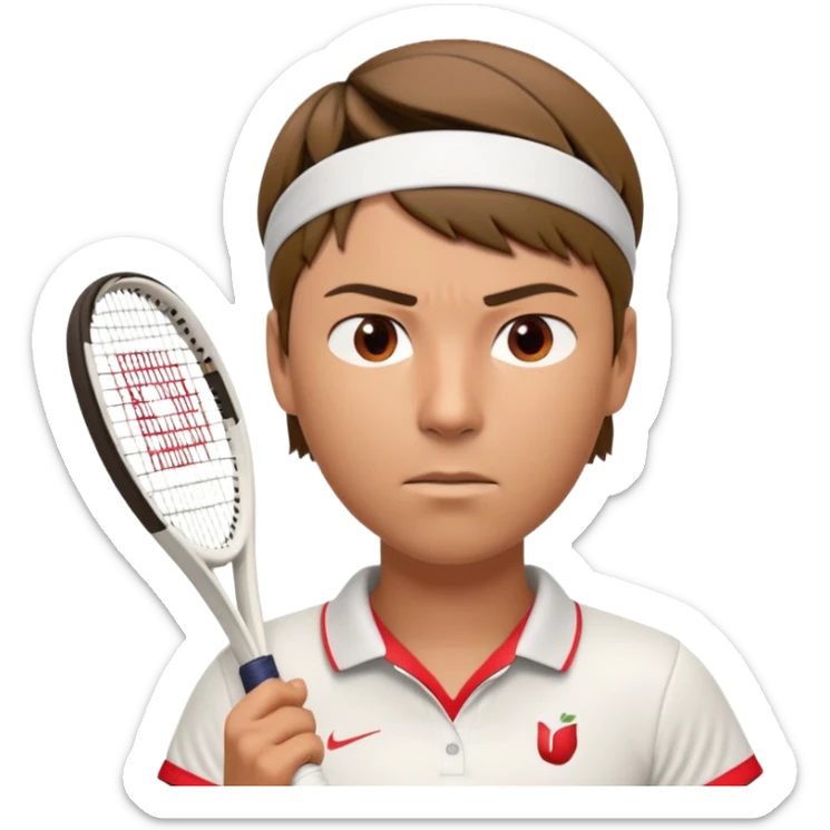 A 3D cartoon-style illustration of a male tennis player resembling Maria Sharapova. He is wearing a white tennis shirt with a small logo, a white wristband, and holding a red and white tennis racket. His expression is serious and focused. He has short brown hair and a headband with a small red logo. The style is similar to an Apple emoji or Memoji character – clean, high-quality, slightly exaggerated facial features, and polished rendering. White background.
 sticker