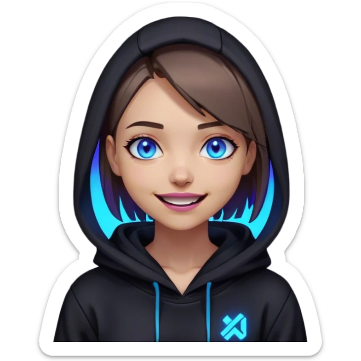 a girl with a brown bob and blue eyes in a black hoodie laughs and holds her head Cyberpunk style. Violet neon. sticker