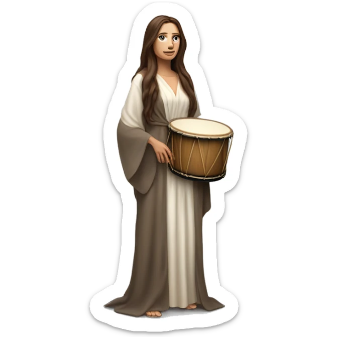 White woman standing with long flowing robes and long brown hair holding a bodrun drum sticker